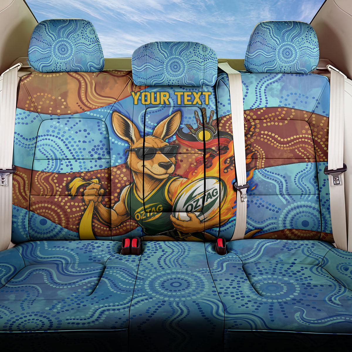 Personalised Australian Oztag Kangaroo Mascot Back Car Seat Cover Indigenous Dot Art Style Aboriginal Culture