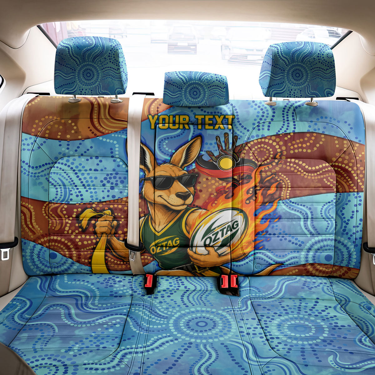 Personalised Australian Oztag Kangaroo Mascot Back Car Seat Cover Indigenous Dot Art Style Aboriginal Culture