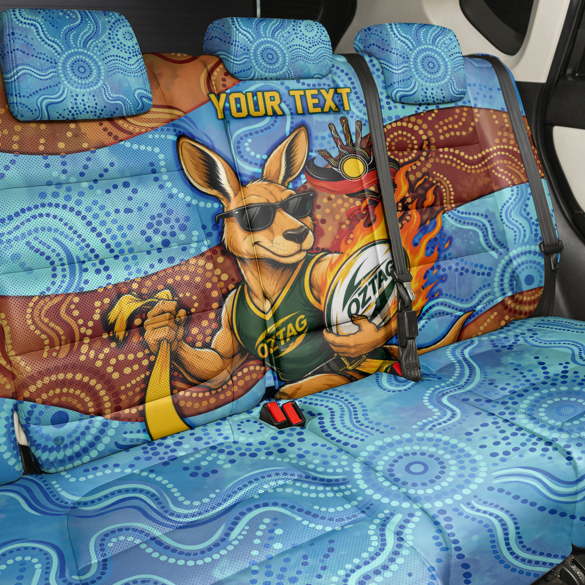 Personalised Australian Oztag Kangaroo Mascot Back Car Seat Cover Indigenous Dot Art Style Aboriginal Culture