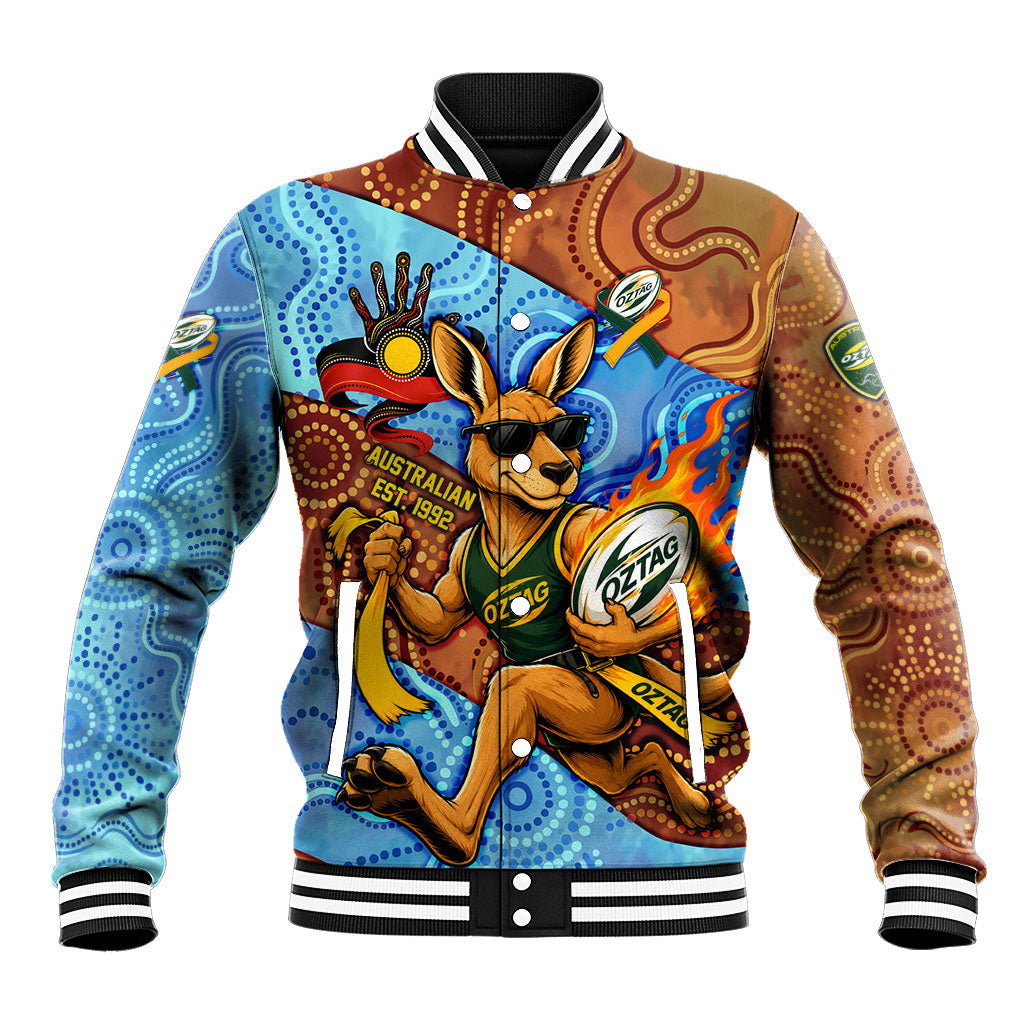 Personalised Australian Oztag Kangaroo Mascot Baseball Jacket Indigenous Dot Art Style Aboriginal Culture