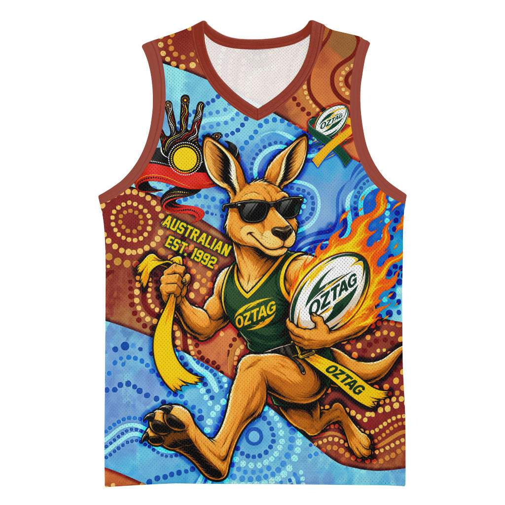 Personalised Australian Oztag Kangaroo Mascot Basketball Jersey Indigenous Dot Art Style Aboriginal Culture