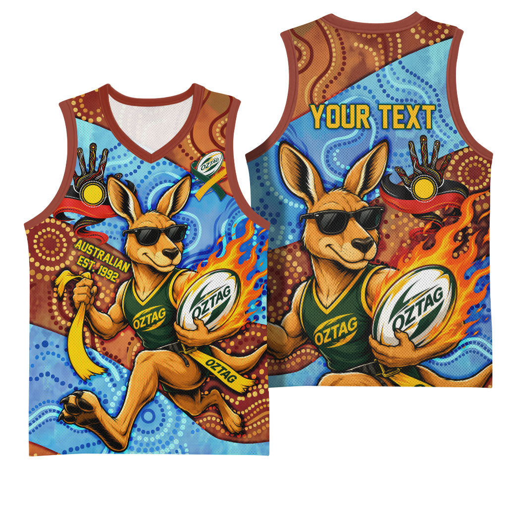 Personalised Australian Oztag Kangaroo Mascot Basketball Jersey Indigenous Dot Art Style Aboriginal Culture