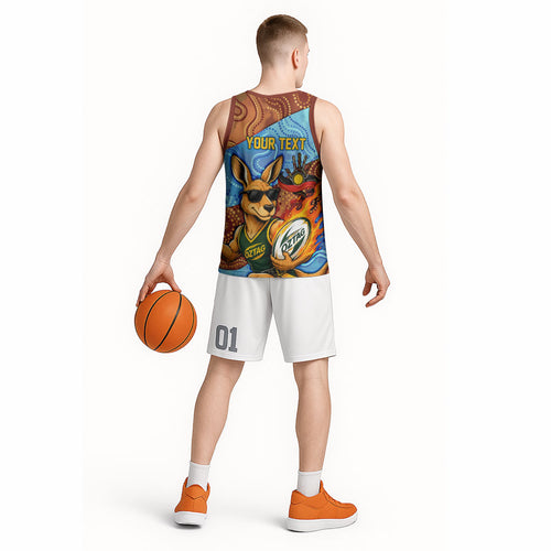 Personalised Australian Oztag Kangaroo Mascot Basketball Jersey Indigenous Dot Art Style Aboriginal Culture