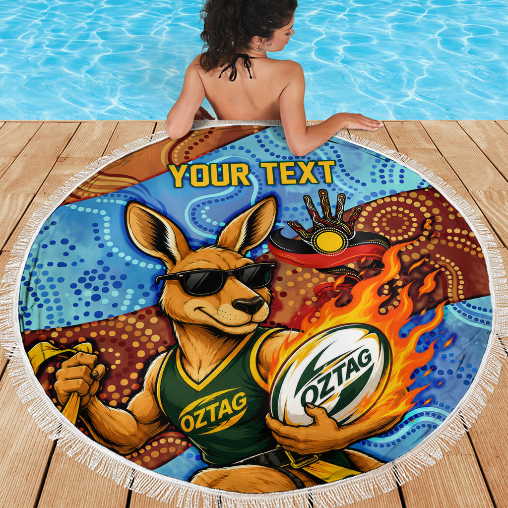 Personalised Australian Oztag Kangaroo Mascot Beach Blanket Indigenous Dot Art Style Aboriginal Culture