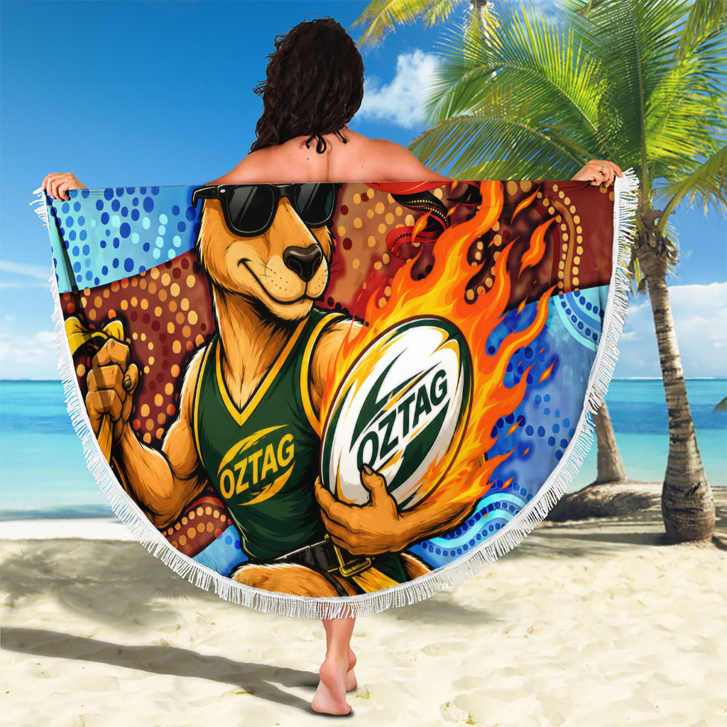 Personalised Australian Oztag Kangaroo Mascot Beach Blanket Indigenous Dot Art Style Aboriginal Culture