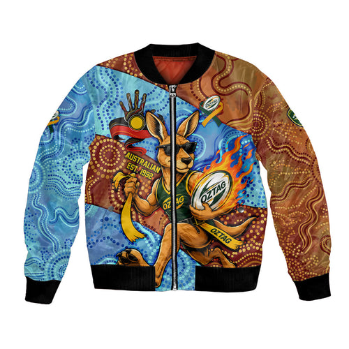 Personalised Australian Oztag Kangaroo Mascot Bomber Jacket Indigenous Dot Art Style Aboriginal Culture