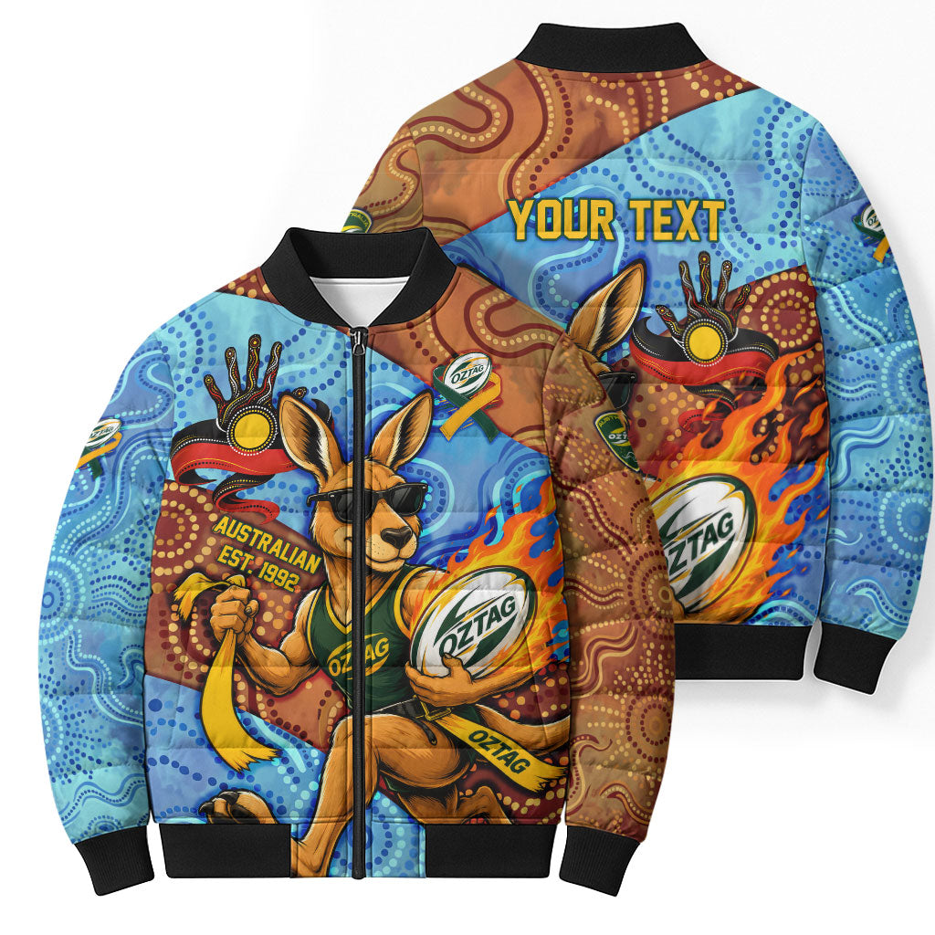 Personalised Australian Oztag Kangaroo Mascot Bomber Puffer Jacket Indigenous Dot Art Style Aboriginal Culture