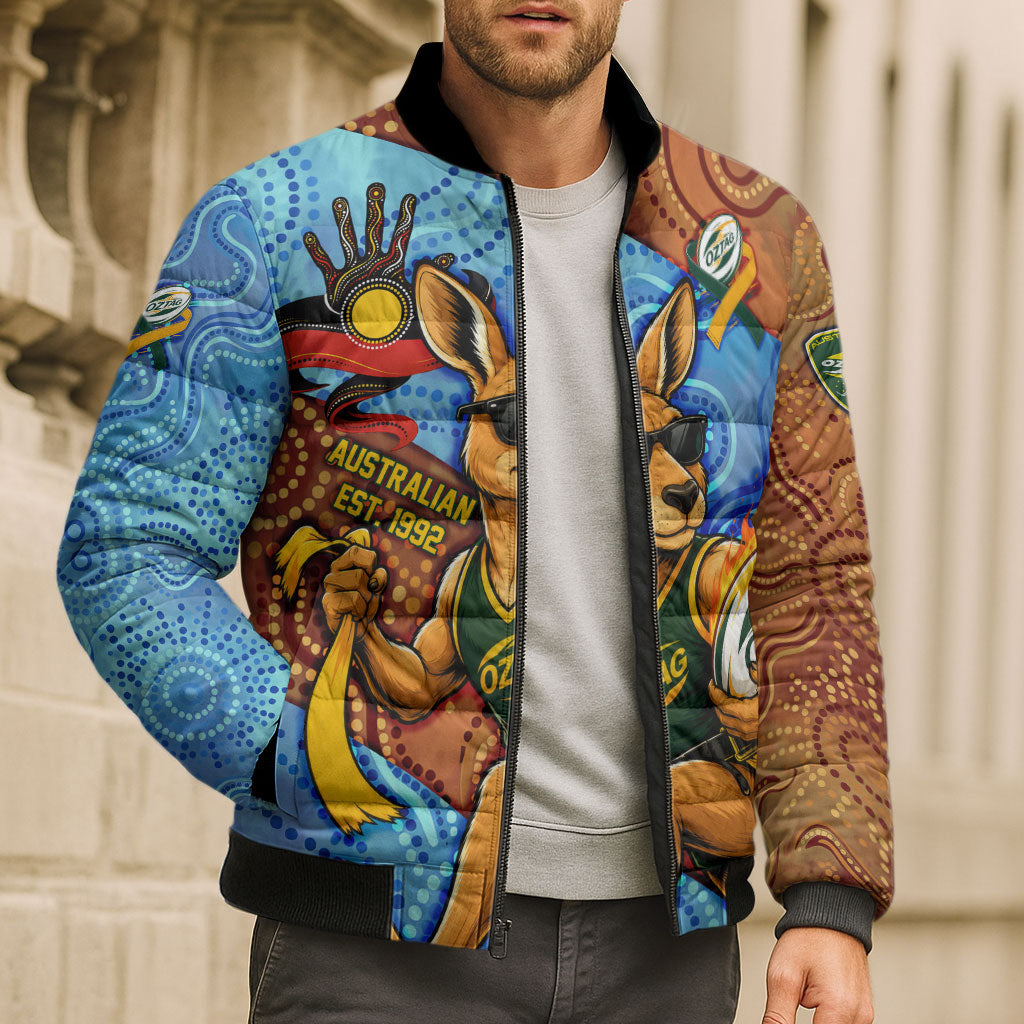 Personalised Australian Oztag Kangaroo Mascot Bomber Puffer Jacket Indigenous Dot Art Style Aboriginal Culture