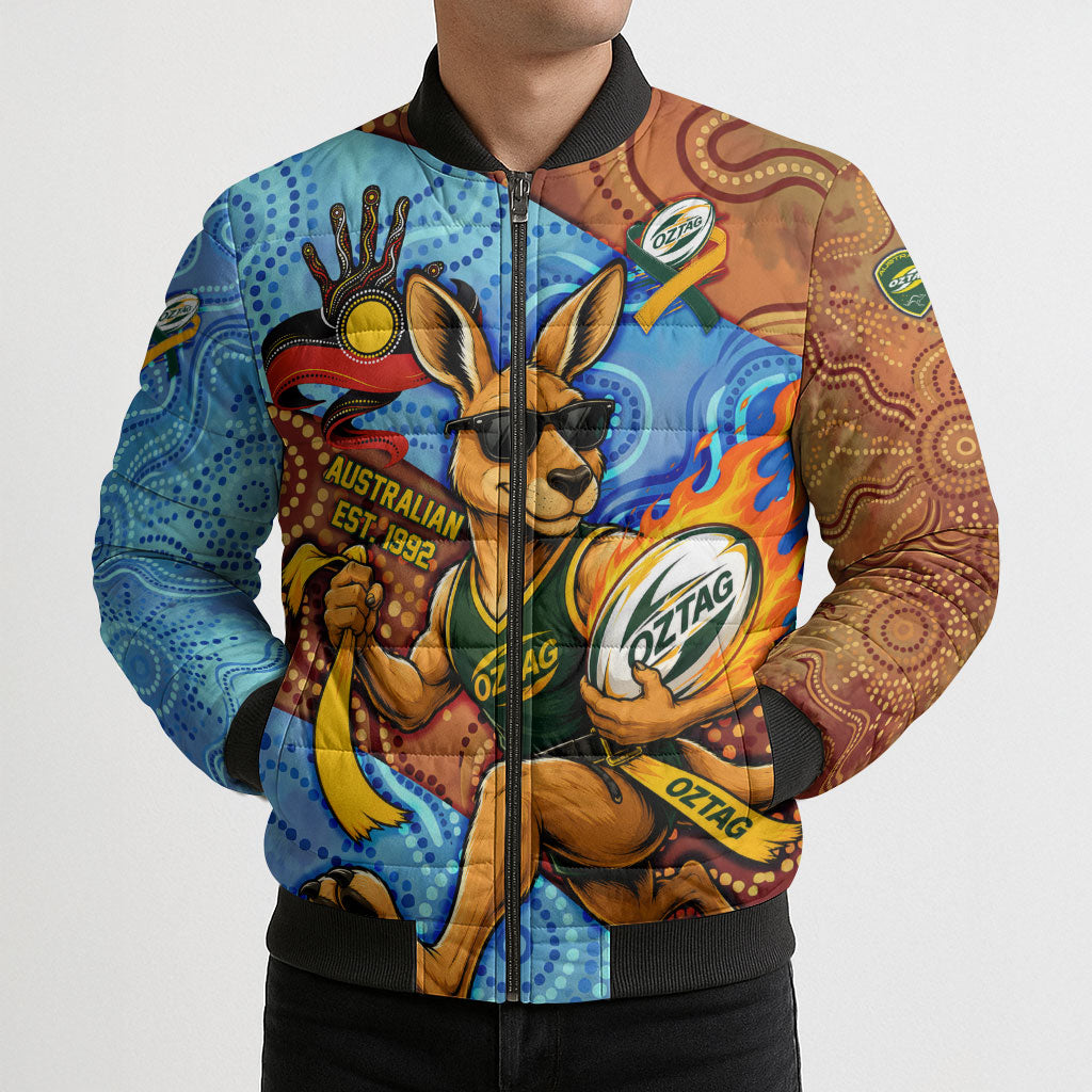 Personalised Australian Oztag Kangaroo Mascot Bomber Puffer Jacket Indigenous Dot Art Style Aboriginal Culture