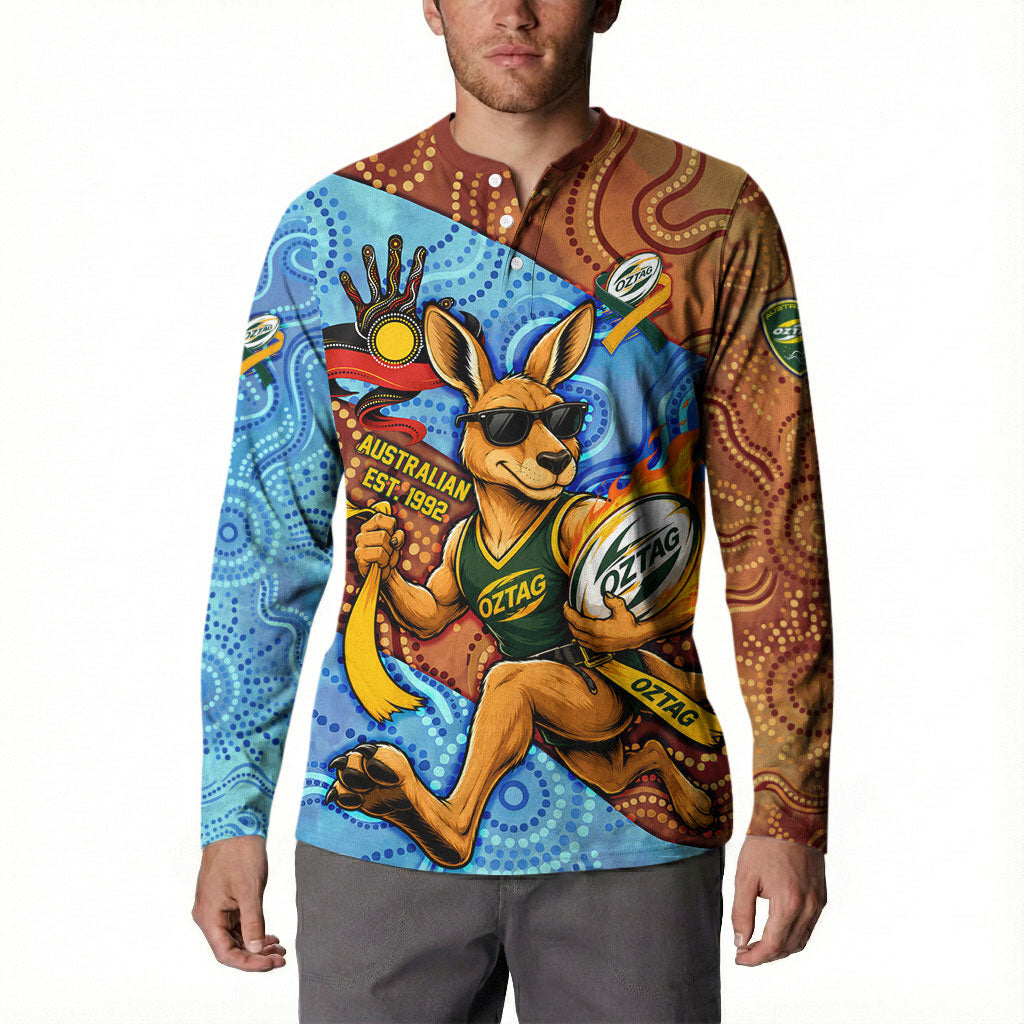 Personalised Australian Oztag Kangaroo Mascot Button Sweatshirt Indigenous Dot Art Style Aboriginal Culture