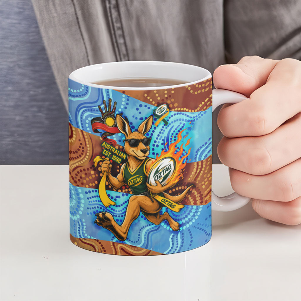 Personalised Australian Oztag Kangaroo Mascot Ceramic Mug Indigenous Dot Art Style Aboriginal Culture