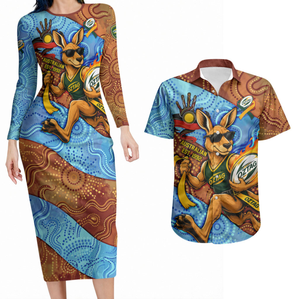 Personalised Australian Oztag Kangaroo Mascot Couples Matching Long Sleeve Bodycon Dress and Hawaiian Shirt Indigenous Dot Art Style Aboriginal Culture