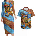 Personalised Australian Oztag Kangaroo Mascot Couples Matching Long Sleeve Bodycon Dress and Hawaiian Shirt Indigenous Dot Art Style Aboriginal Culture