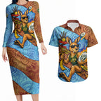 Personalised Australian Oztag Kangaroo Mascot Couples Matching Long Sleeve Bodycon Dress and Hawaiian Shirt Indigenous Dot Art Style Aboriginal Culture