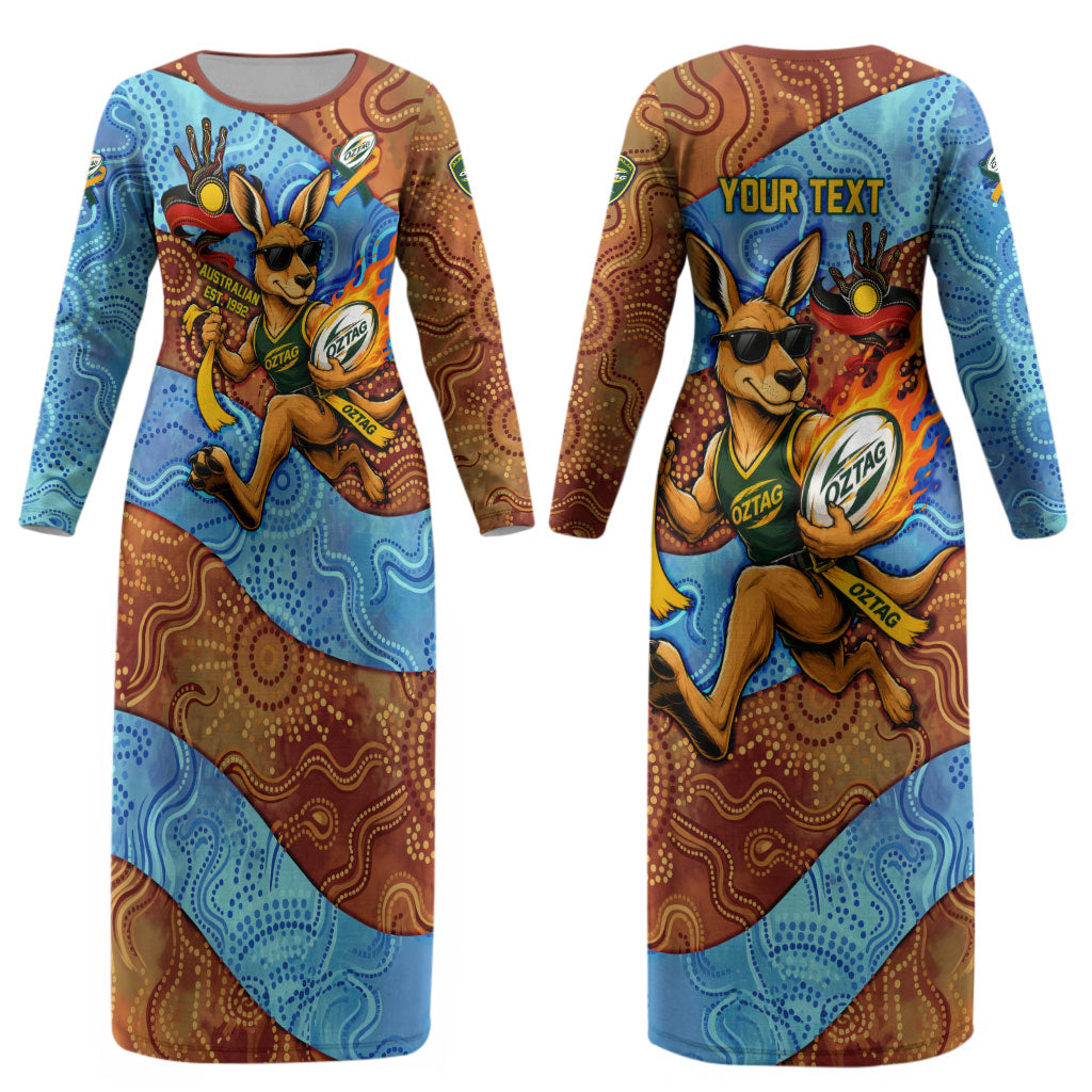 Personalised Australian Oztag Kangaroo Mascot Couples Matching Long Sleeve Bodycon Dress and Hawaiian Shirt Indigenous Dot Art Style Aboriginal Culture