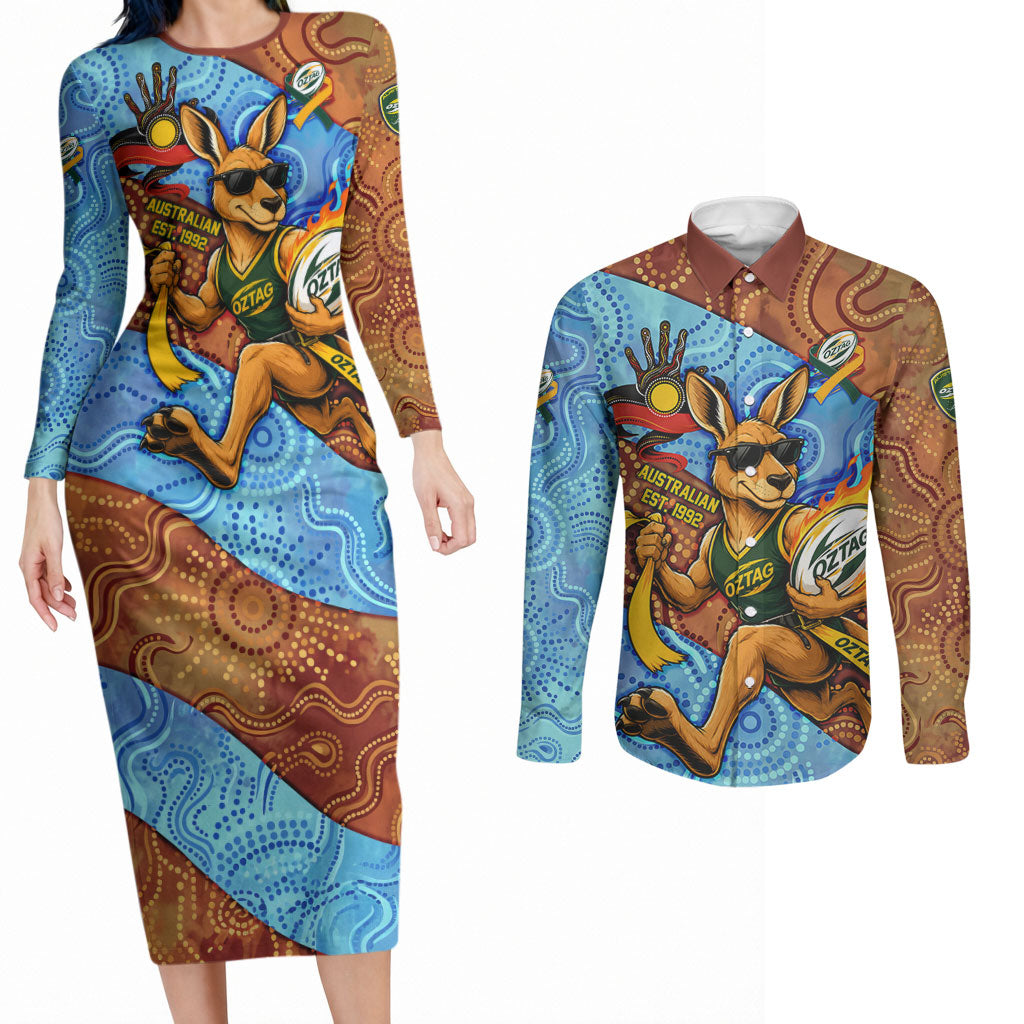 Personalised Australian Oztag Kangaroo Mascot Couples Matching Long Sleeve Bodycon Dress and Long Sleeve Button Shirt Indigenous Dot Art Style Aboriginal Culture