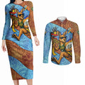 Personalised Australian Oztag Kangaroo Mascot Couples Matching Long Sleeve Bodycon Dress and Long Sleeve Button Shirt Indigenous Dot Art Style Aboriginal Culture