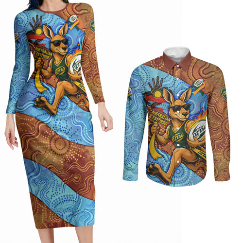 Personalised Australian Oztag Kangaroo Mascot Couples Matching Long Sleeve Bodycon Dress and Long Sleeve Button Shirt Indigenous Dot Art Style Aboriginal Culture