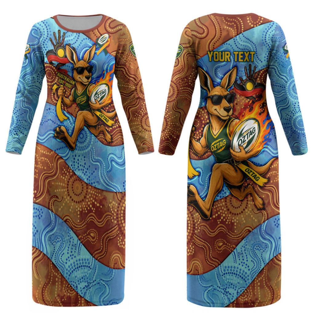 Personalised Australian Oztag Kangaroo Mascot Couples Matching Long Sleeve Bodycon Dress and Long Sleeve Button Shirt Indigenous Dot Art Style Aboriginal Culture