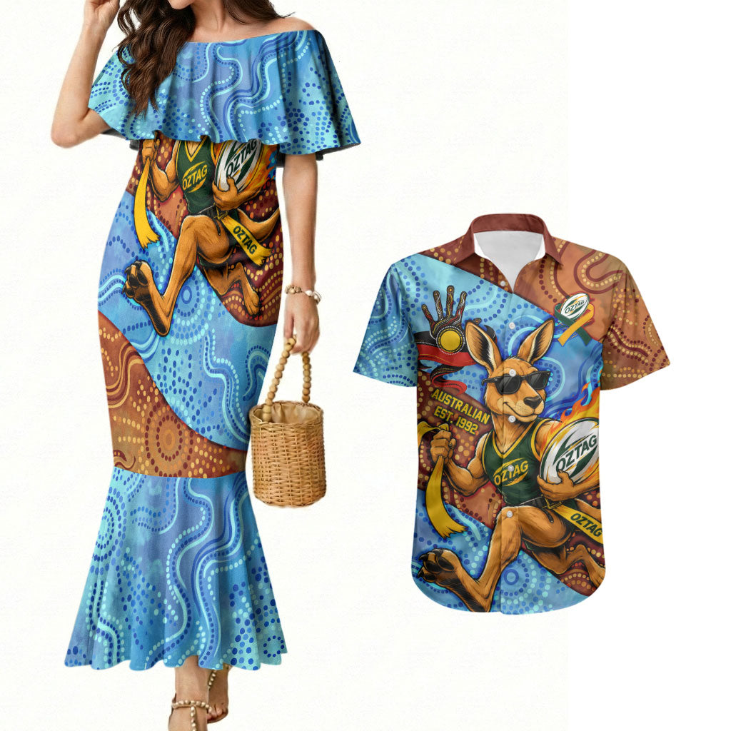 Personalised Australian Oztag Kangaroo Mascot Couples Matching Mermaid Dress and Hawaiian Shirt Indigenous Dot Art Style Aboriginal Culture