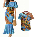 Personalised Australian Oztag Kangaroo Mascot Couples Matching Mermaid Dress and Hawaiian Shirt Indigenous Dot Art Style Aboriginal Culture