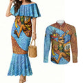 Personalised Australian Oztag Kangaroo Mascot Couples Matching Mermaid Dress and Long Sleeve Button Shirt Indigenous Dot Art Style Aboriginal Culture