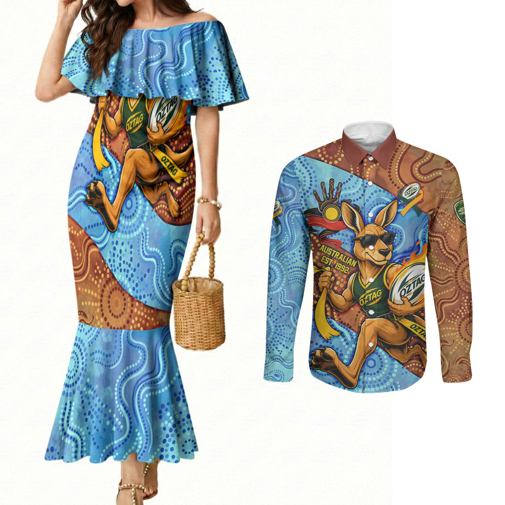 Personalised Australian Oztag Kangaroo Mascot Couples Matching Mermaid Dress and Long Sleeve Button Shirt Indigenous Dot Art Style Aboriginal Culture