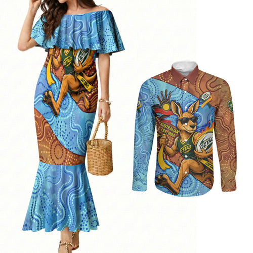 Personalised Australian Oztag Kangaroo Mascot Couples Matching Mermaid Dress and Long Sleeve Button Shirt Indigenous Dot Art Style Aboriginal Culture
