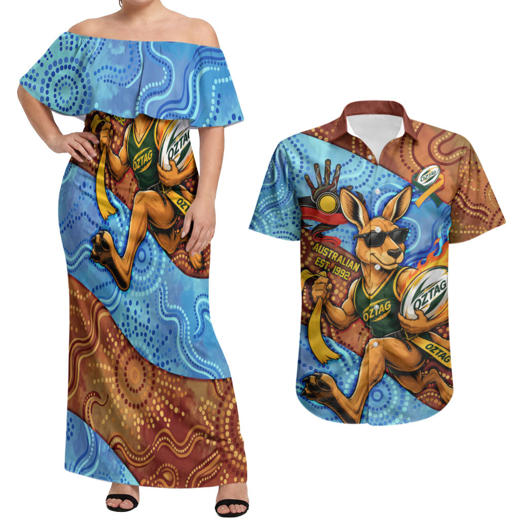 Personalised Australian Oztag Kangaroo Mascot Couples Matching Off Shoulder Maxi Dress and Hawaiian Shirt Indigenous Dot Art Style Aboriginal Culture