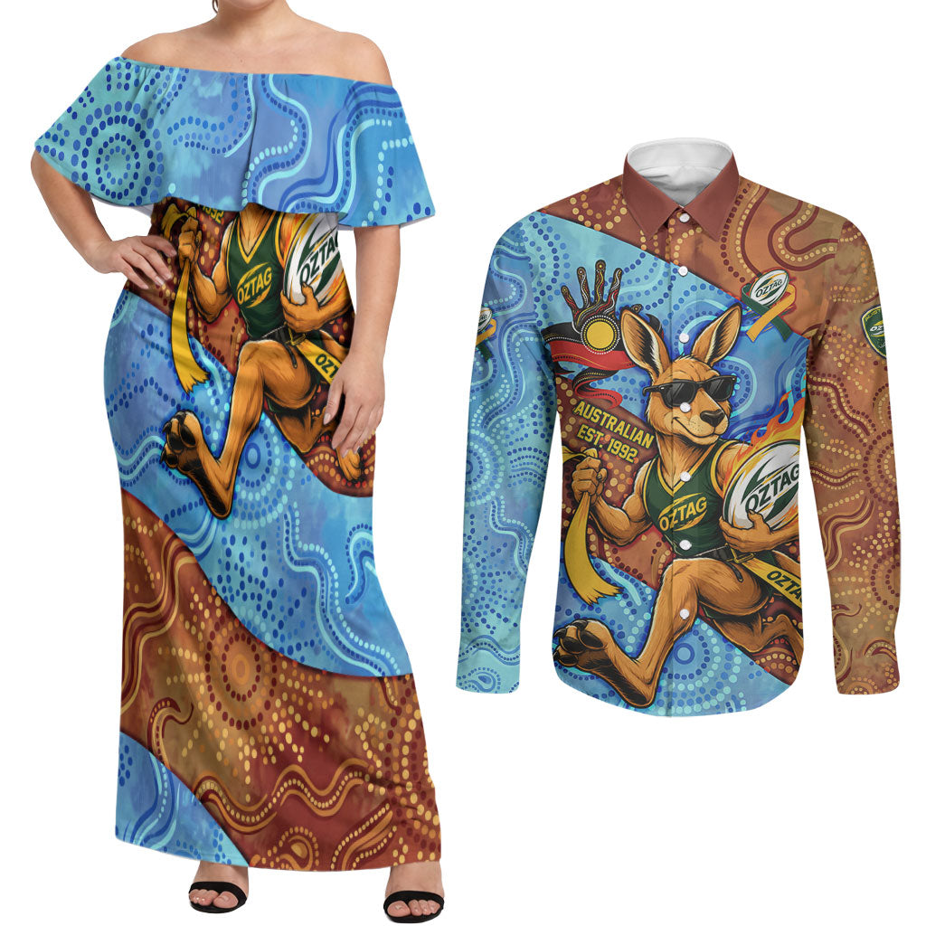 Personalised Australian Oztag Kangaroo Mascot Couples Matching Off Shoulder Maxi Dress and Long Sleeve Button Shirt Indigenous Dot Art Style Aboriginal Culture