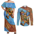 Personalised Australian Oztag Kangaroo Mascot Couples Matching Off Shoulder Maxi Dress and Long Sleeve Button Shirt Indigenous Dot Art Style Aboriginal Culture