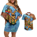 Personalised Australian Oztag Kangaroo Mascot Couples Matching Off Shoulder Short Dress and Hawaiian Shirt Indigenous Dot Art Style Aboriginal Culture