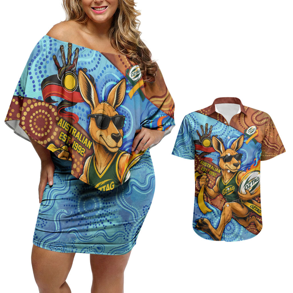 Personalised Australian Oztag Kangaroo Mascot Couples Matching Off Shoulder Short Dress and Hawaiian Shirt Indigenous Dot Art Style Aboriginal Culture
