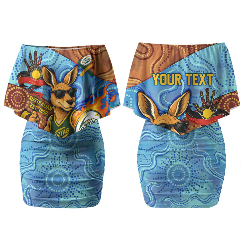Personalised Australian Oztag Kangaroo Mascot Couples Matching Off Shoulder Short Dress and Hawaiian Shirt Indigenous Dot Art Style Aboriginal Culture