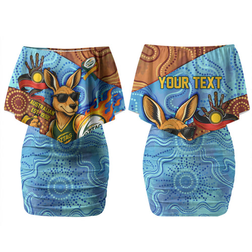 Personalised Australian Oztag Kangaroo Mascot Couples Matching Off Shoulder Short Dress and Hawaiian Shirt Indigenous Dot Art Style Aboriginal Culture