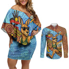 Personalised Australian Oztag Kangaroo Mascot Couples Matching Off Shoulder Short Dress and Long Sleeve Button Shirt Indigenous Dot Art Style Aboriginal Culture