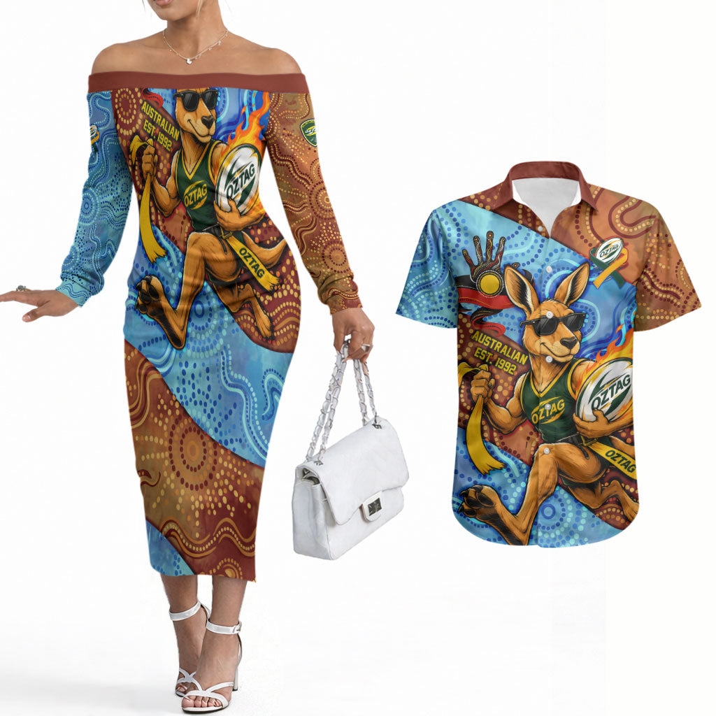 Personalised Australian Oztag Kangaroo Mascot Couples Matching Off The Shoulder Long Sleeve Dress and Hawaiian Shirt Indigenous Dot Art Style Aboriginal Culture