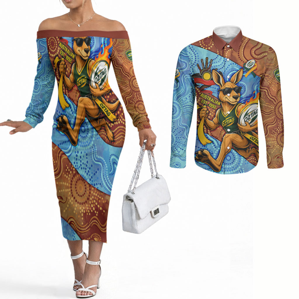 Personalised Australian Oztag Kangaroo Mascot Couples Matching Off The Shoulder Long Sleeve Dress and Long Sleeve Button Shirt Indigenous Dot Art Style Aboriginal Culture