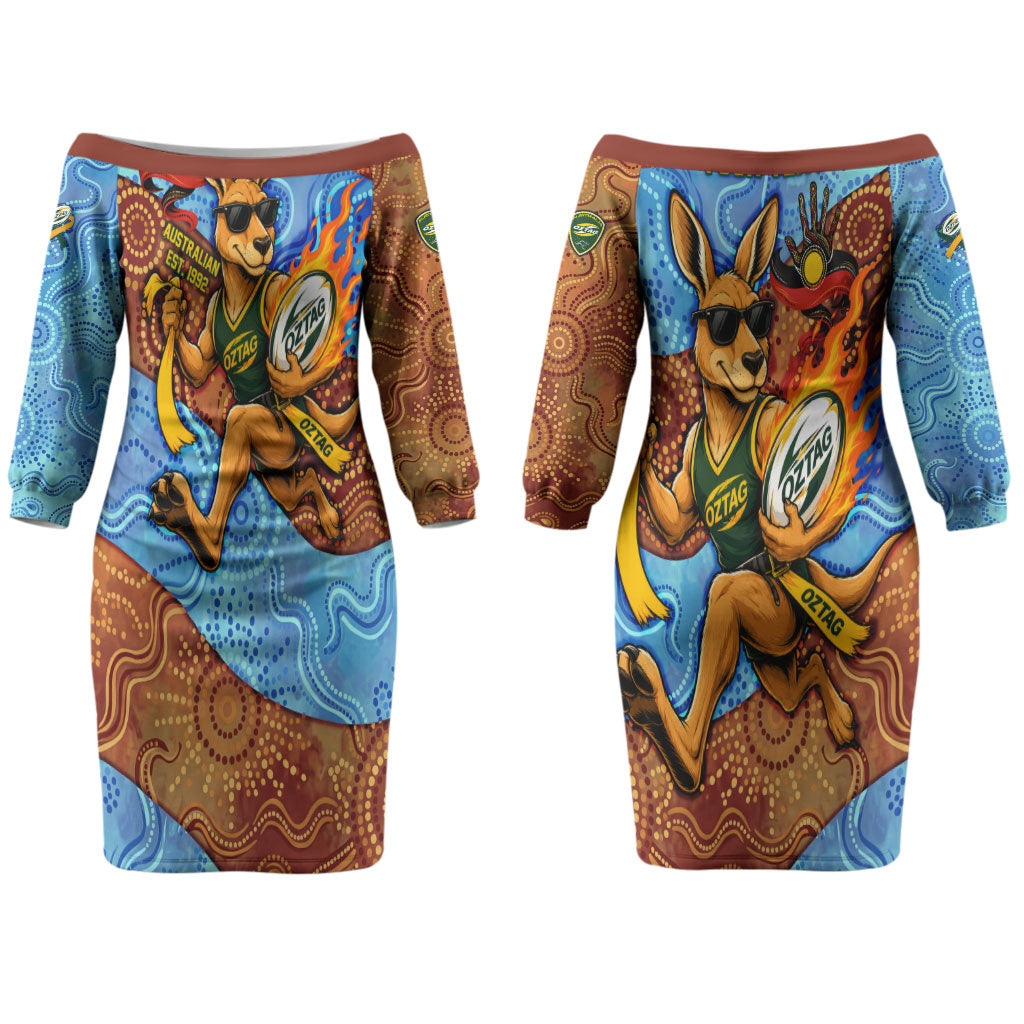 Personalised Australian Oztag Kangaroo Mascot Couples Matching Off The Shoulder Long Sleeve Dress and Long Sleeve Button Shirt Indigenous Dot Art Style Aboriginal Culture