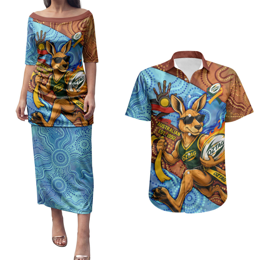 Personalised Australian Oztag Kangaroo Mascot Couples Matching Puletasi and Hawaiian Shirt Indigenous Dot Art Style Aboriginal Culture