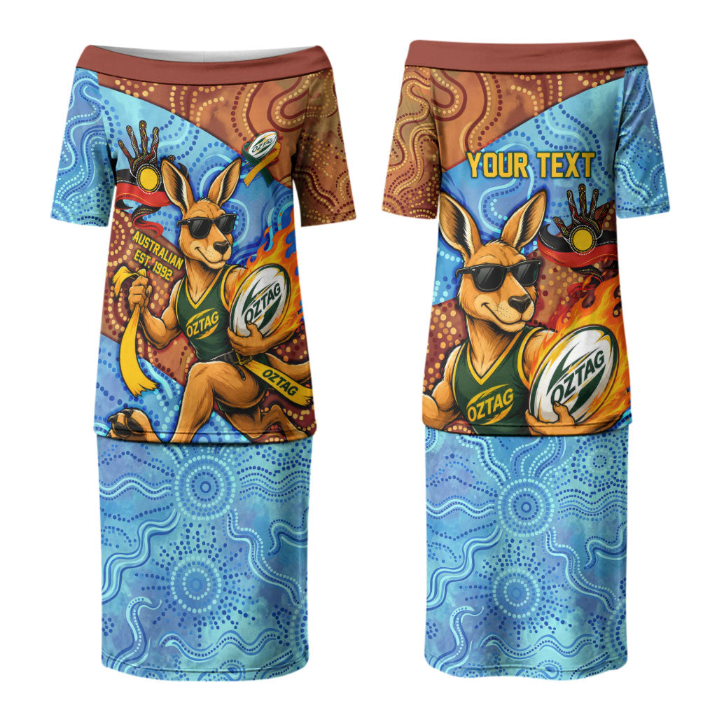 Personalised Australian Oztag Kangaroo Mascot Couples Matching Puletasi and Hawaiian Shirt Indigenous Dot Art Style Aboriginal Culture