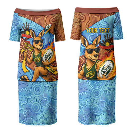 Personalised Australian Oztag Kangaroo Mascot Couples Matching Puletasi and Hawaiian Shirt Indigenous Dot Art Style Aboriginal Culture