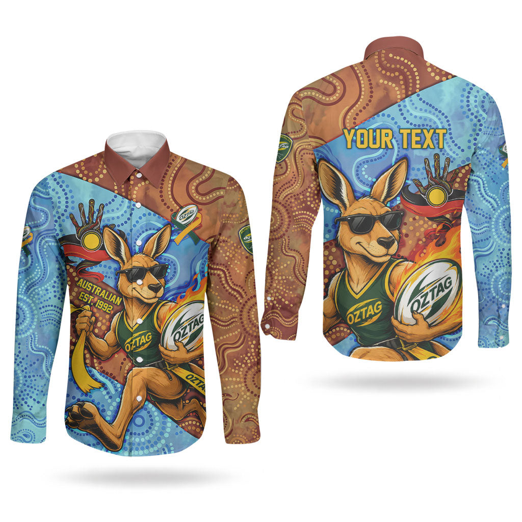 Personalised Australian Oztag Kangaroo Mascot Couples Matching Puletasi and Long Sleeve Button Shirt Indigenous Dot Art Style Aboriginal Culture