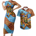 Personalised Australian Oztag Kangaroo Mascot Couples Matching Short Sleeve Bodycon Dress and Hawaiian Shirt Indigenous Dot Art Style Aboriginal Culture