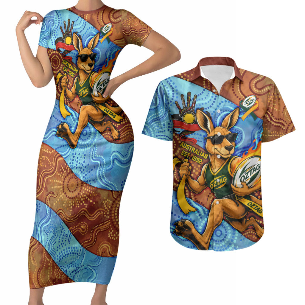 Personalised Australian Oztag Kangaroo Mascot Couples Matching Short Sleeve Bodycon Dress and Hawaiian Shirt Indigenous Dot Art Style Aboriginal Culture