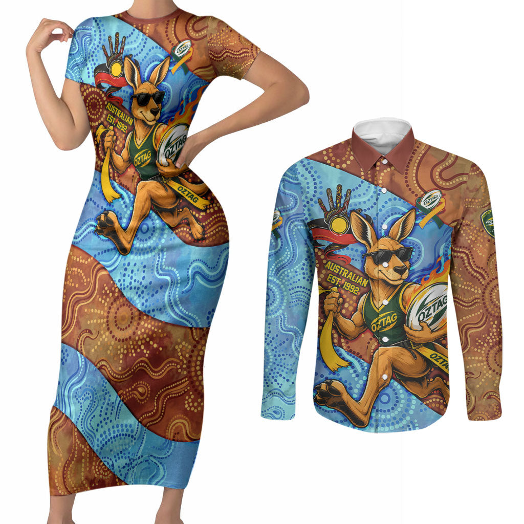 Personalised Australian Oztag Kangaroo Mascot Couples Matching Short Sleeve Bodycon Dress and Long Sleeve Button Shirt Indigenous Dot Art Style Aboriginal Culture
