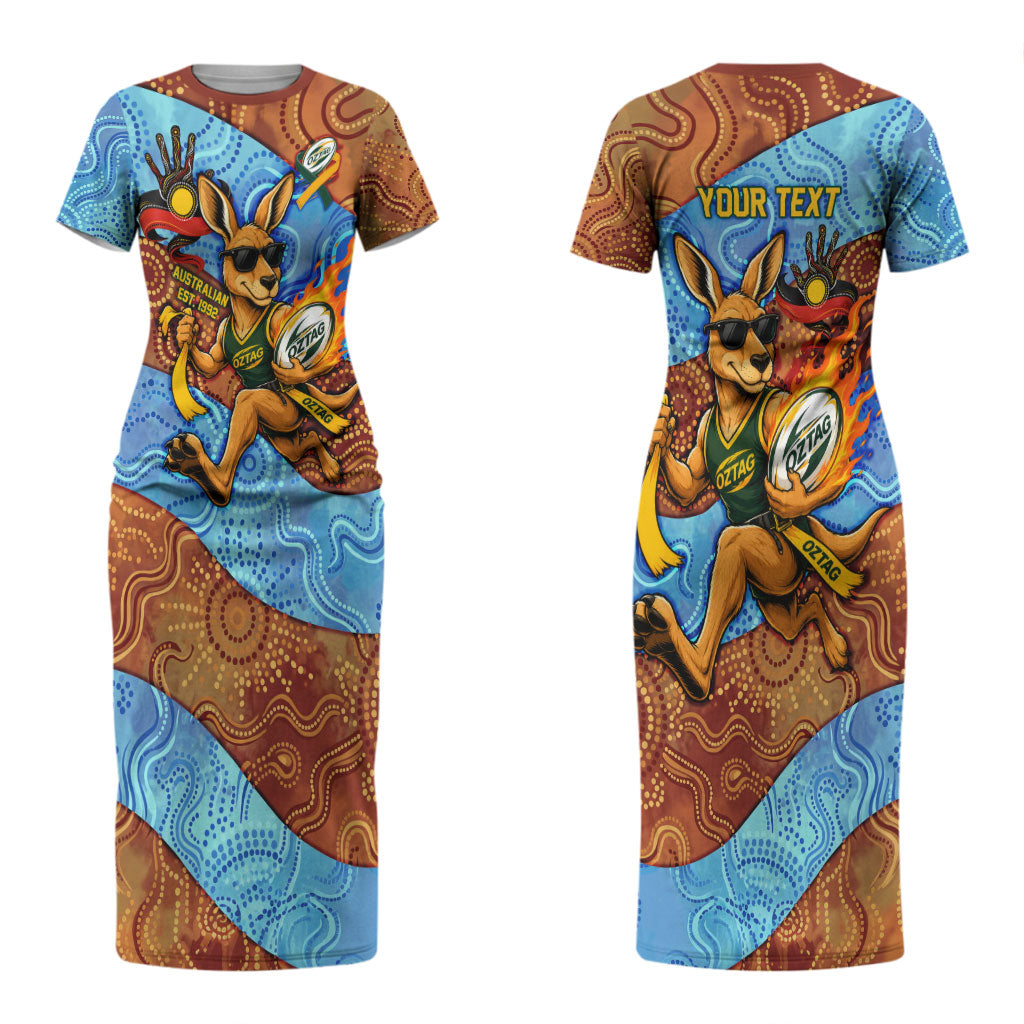 Personalised Australian Oztag Kangaroo Mascot Couples Matching Short Sleeve Bodycon Dress and Long Sleeve Button Shirt Indigenous Dot Art Style Aboriginal Culture