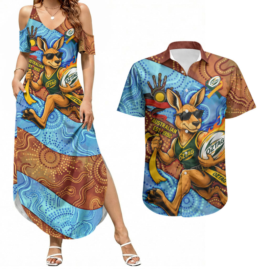 Personalised Australian Oztag Kangaroo Mascot Couples Matching Summer Maxi Dress and Hawaiian Shirt Indigenous Dot Art Style Aboriginal Culture