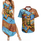 Personalised Australian Oztag Kangaroo Mascot Couples Matching Summer Maxi Dress and Hawaiian Shirt Indigenous Dot Art Style Aboriginal Culture