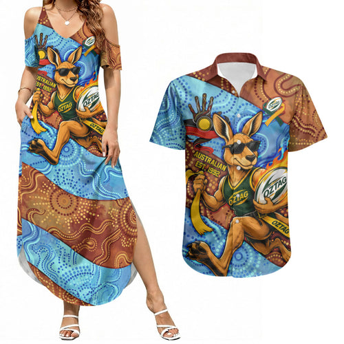Personalised Australian Oztag Kangaroo Mascot Couples Matching Summer Maxi Dress and Hawaiian Shirt Indigenous Dot Art Style Aboriginal Culture